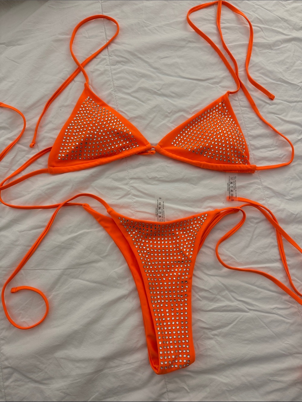 Crystal-Embellished Orange Triangle Bikini Set